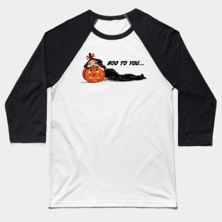 Vintage Witch with Red Hair Lying Down Leaning on Pumpkin Baseball T-Shirt